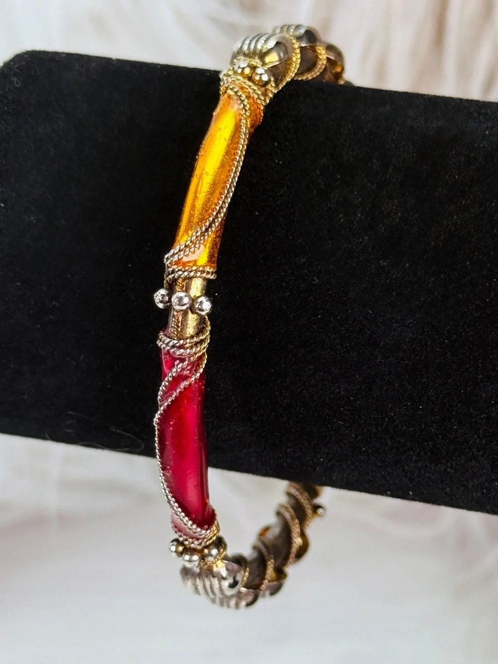 Vintage aged Goldtone and Red Bangle Bracelet